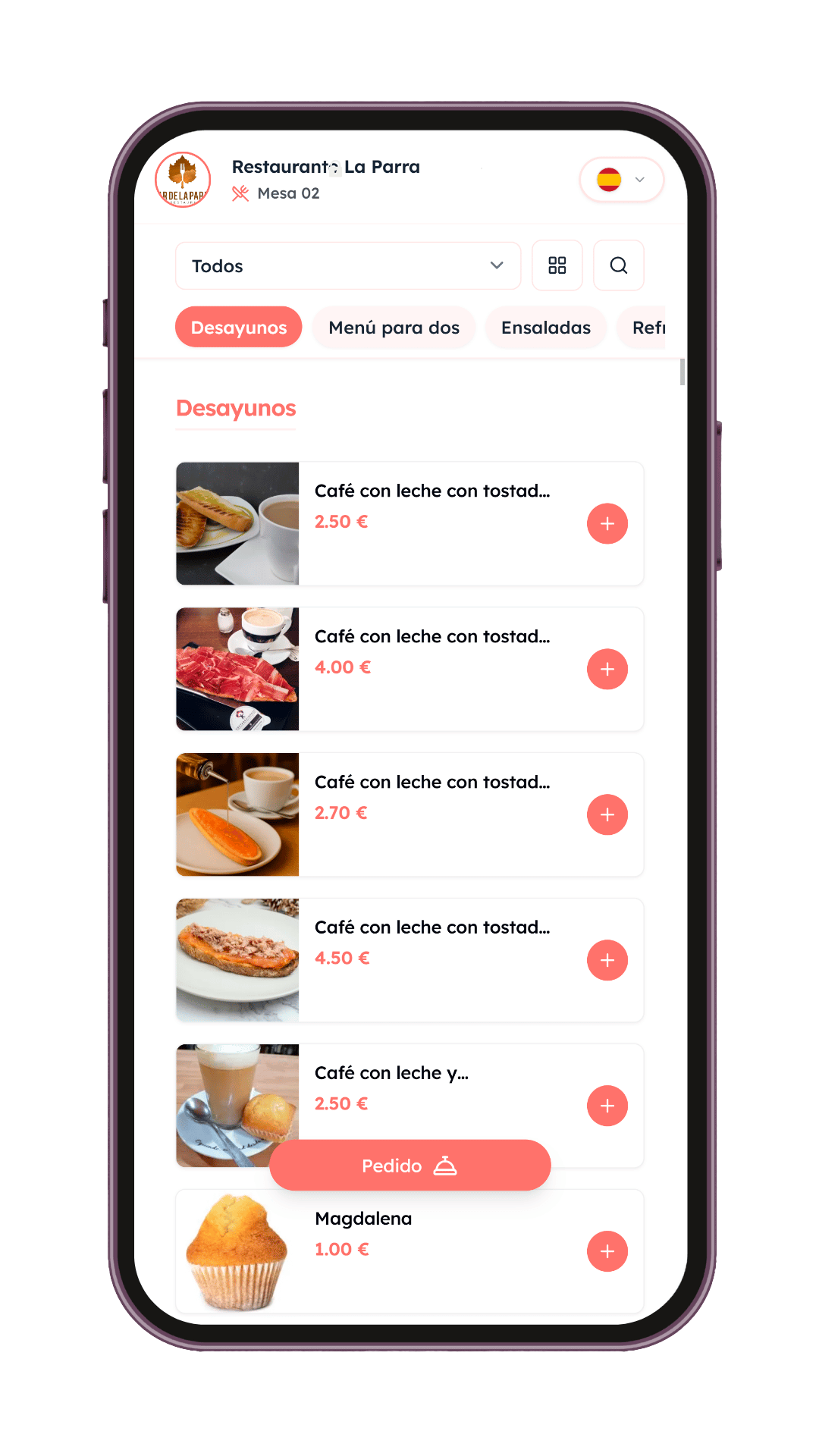 Cliente pidiendo desde el móvil con el QR de la mesa en SmartBar